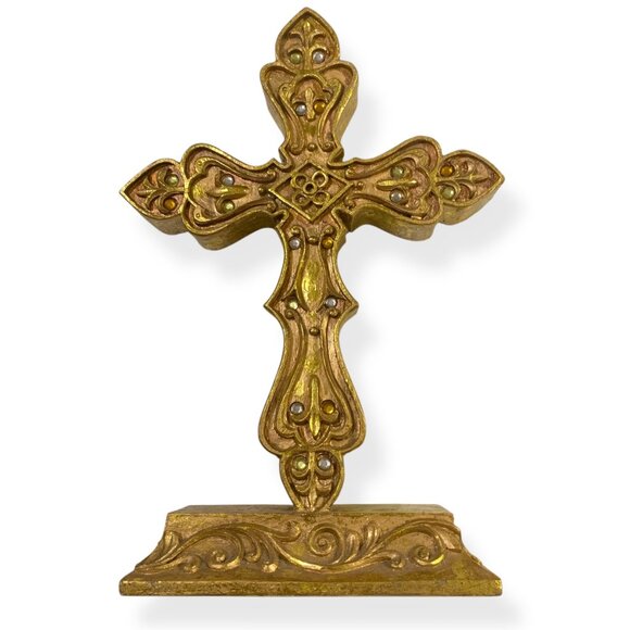 VTG Ornate Gold Heavy Cross Intricate Detailing Religious 12" Tall - Picture 3 of 7